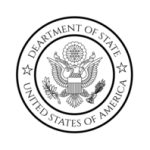 The image shows the official seal of the U.S. Department of State, featuring a bald eagle holding arrows and an olive branch in its form, with a circular border that reads "Department of State, United States of America".