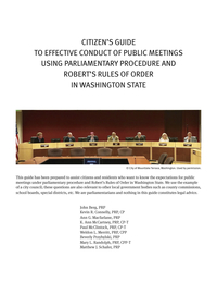 Cover page of a document titled "Citizen's Guide to Effective Conduct of Public Meetings Using Parliamentary Procedure and Robert's Rules of Order in Washington State," featuring an image of a public meeting, plus links to free resources for further guidance.