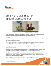 A document titled "Essential Guidelines for Special District Boards" with the Jurassic Parliament logo in the top left corner, featuring an image of two people at a table, and offering valuable free resources.