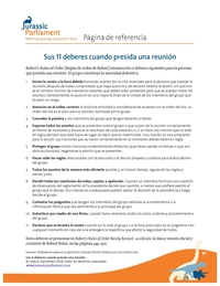 A document titled "Sus 11 deberes cuando presida una reunión" featuring 11 bullet points that list duties when chairing a meeting. It includes a logo at the top and a blue-orange cartoon dinosaur logo at the bottom. Discover valuable insights with these free resources to enhance your meetings.