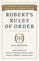 Cover of "Robert's Rules of Order, Newly Revised, 12th Edition" by Henry M. Robert III and others, featuring a beige background with a dark green emblem and text.