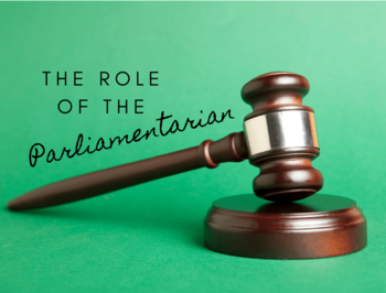 A judge's gavel resting on its sound block with the text "Becoming a Parliamentarian" on a green background.