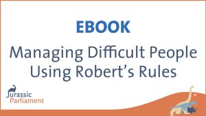 EBOOK cover titled "Managing Difficult People Using Robert's Rules" by Jurassic Parliament, with a dinosaur graphic in the bottom right corner.