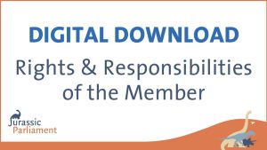 An advertisement for a digital download titled "Rights & Responsibilities of the Member" by Jurassic Parliament, featuring a minimal design with dinosaur illustrations.