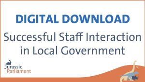 Image of a digital download advertisement titled "Successful Staff Interaction in Local Government" by Jurassic Parliament.