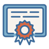 Illustration of a certificate with a ribbon affixed at the bottom center. The certificate is bordered in blue, with text in the center area and a ribbon colored in blue and orange.