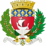 The coat of arms of Paris featuring a silver ship on waves, gold fleurs-de-lis on blue, surrounded by laurel and oak branches, with a crown on top and a motto below.