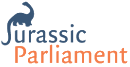Logo with a blue dinosaur forming the letter "J" in "Jurassic," above the word "Parliament" in orange text.